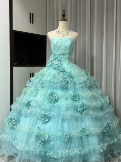 Lake Blue Strapless Prom Dress with a Fitted Waist and a Princess-Style Puffy Skirt R6523