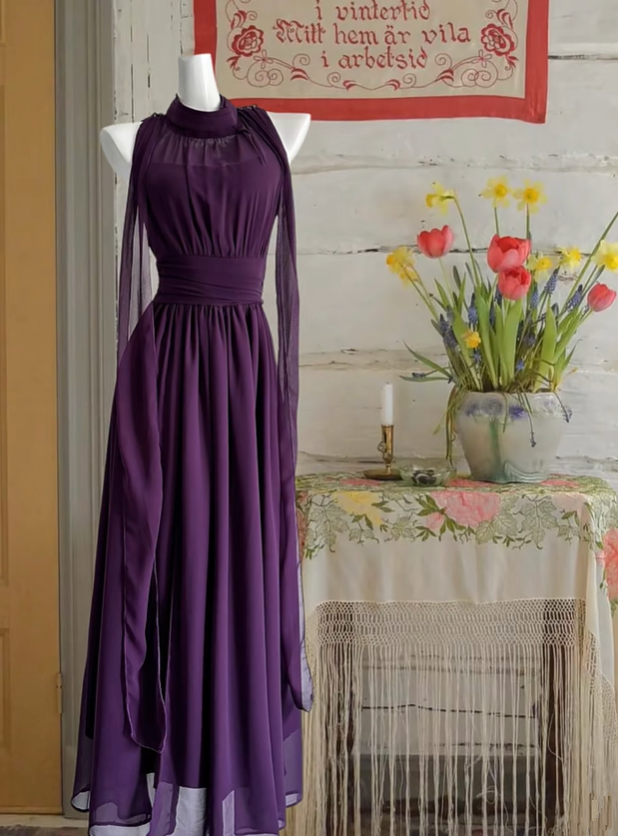 Purple sleeveless waist straight elegant long dress, ball gown R6243