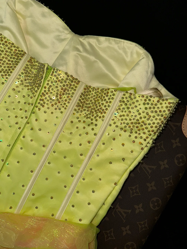 Light green strapless rhinestone high-waisted elegant fairy long ball gown R6962