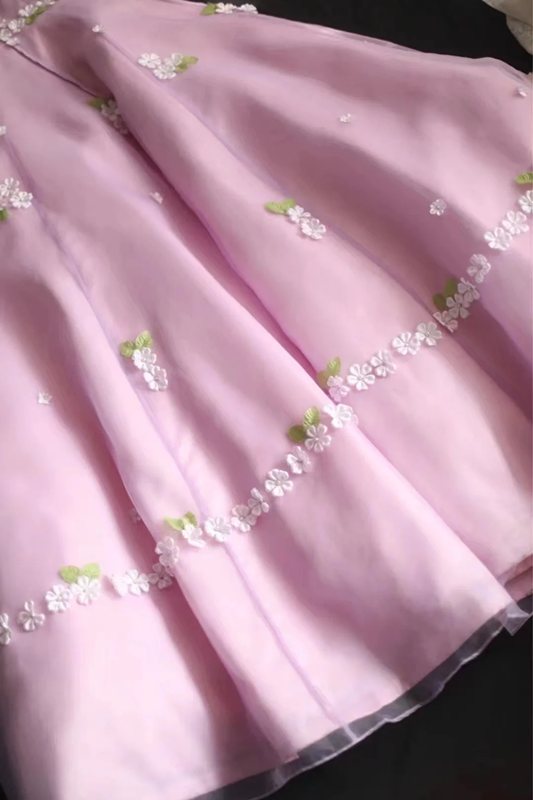 Pink halter-neck floral design, fitted waist, A-line silhouette, full skirt, long ball gown, bridal dress R6841