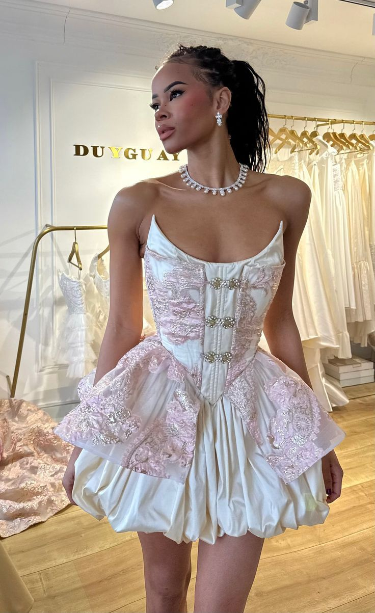 White background pink embroidery waist slim flower bud skirt short skirt homecoming dress R5492