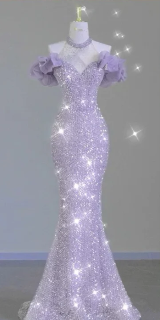 Purple halter-neck sequined fitted waist mermaid skirt ball gown R6441