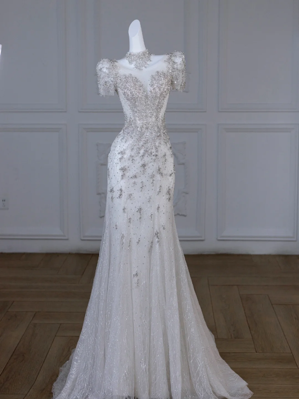 White diamond short-sleeved slim waist hip sexy long dress bridal gown R5845