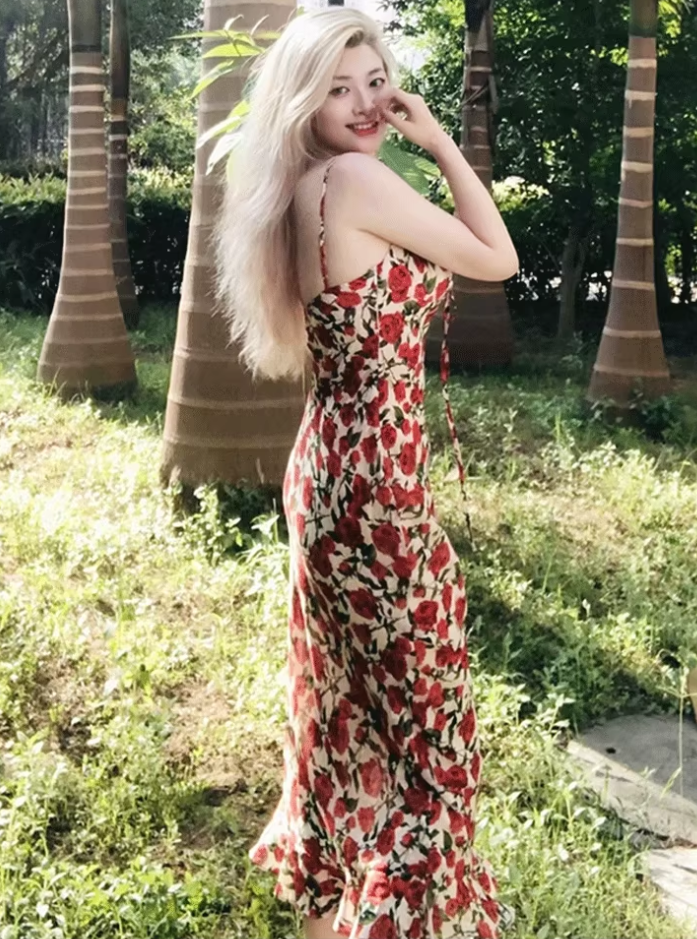 Dress French style retro rose flower waist slim backless suspender fishtail skirt R2916