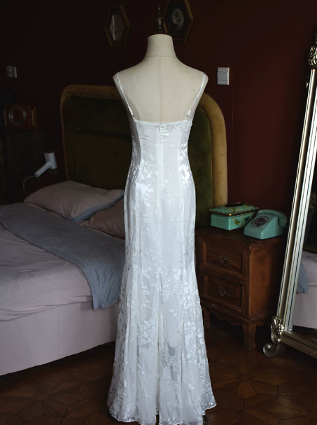 French Chic White A-Line Spaghetti Straps Lace Maxi Prom Dress Evening Dress RS515