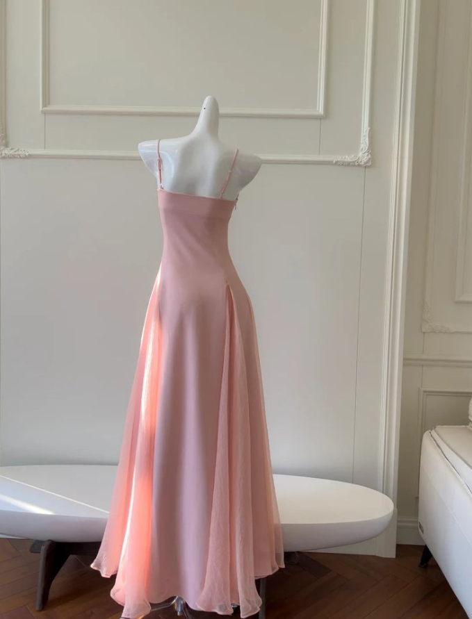 Minimalist Blush Pink A-Line Spaghetti Straps Corset Maxi Prom Dress Summer Dress RS523