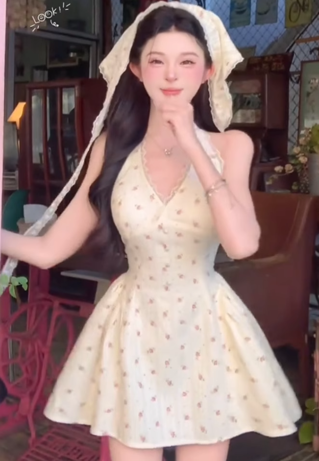 Sweet hot girl V-neck halter dress 2025 pure desire waist floral holiday short skirt R1337
