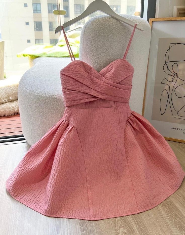 Pink suspenders waist slimming A-line short skirt homecoming dress R3404