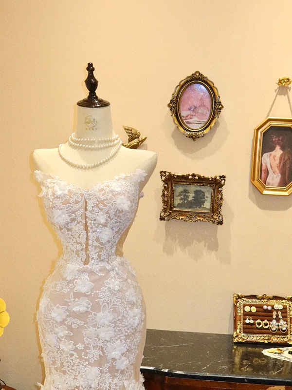 Apricot strapless lace fitted mermaid long wedding dress R6604