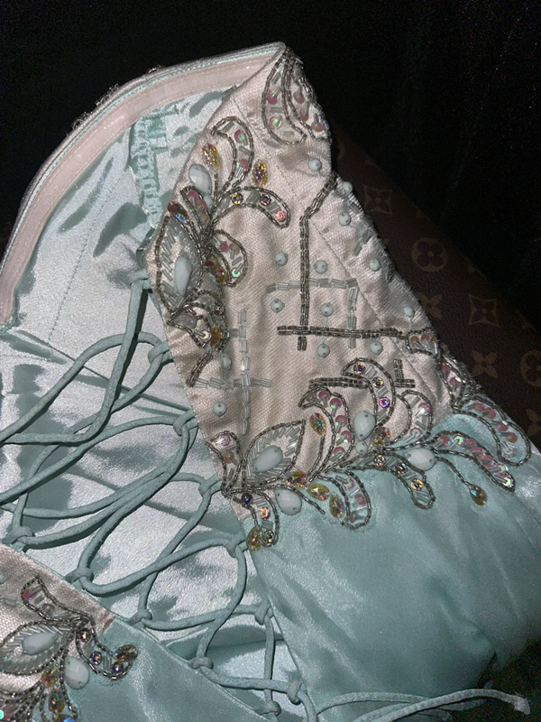 Light green beaded strapless fitted long ball gown R6923