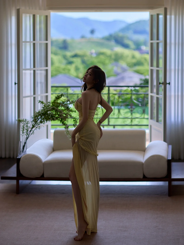 Yellow strapless fitted waist bodycon sexy ball gown R7083