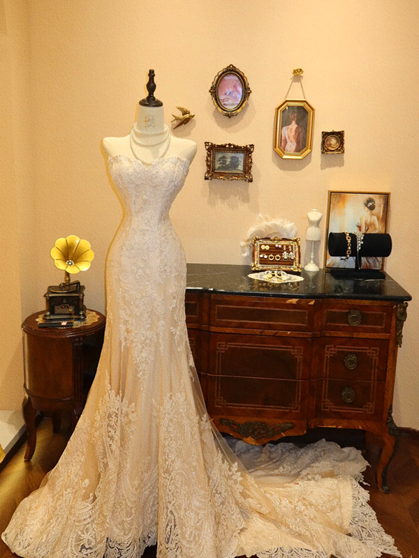 White strapless lace fitted waist bodycon mermaid skirt long ball gown, bridal gown R6763