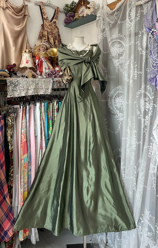 Gray green satin sleeveless waist slim mermaid maxi ball gown R6164