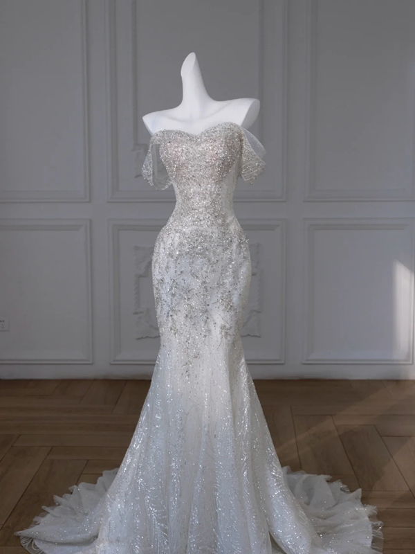 White diamond one-shoulder slim waist hip fishtail long dress bridal gown R5846