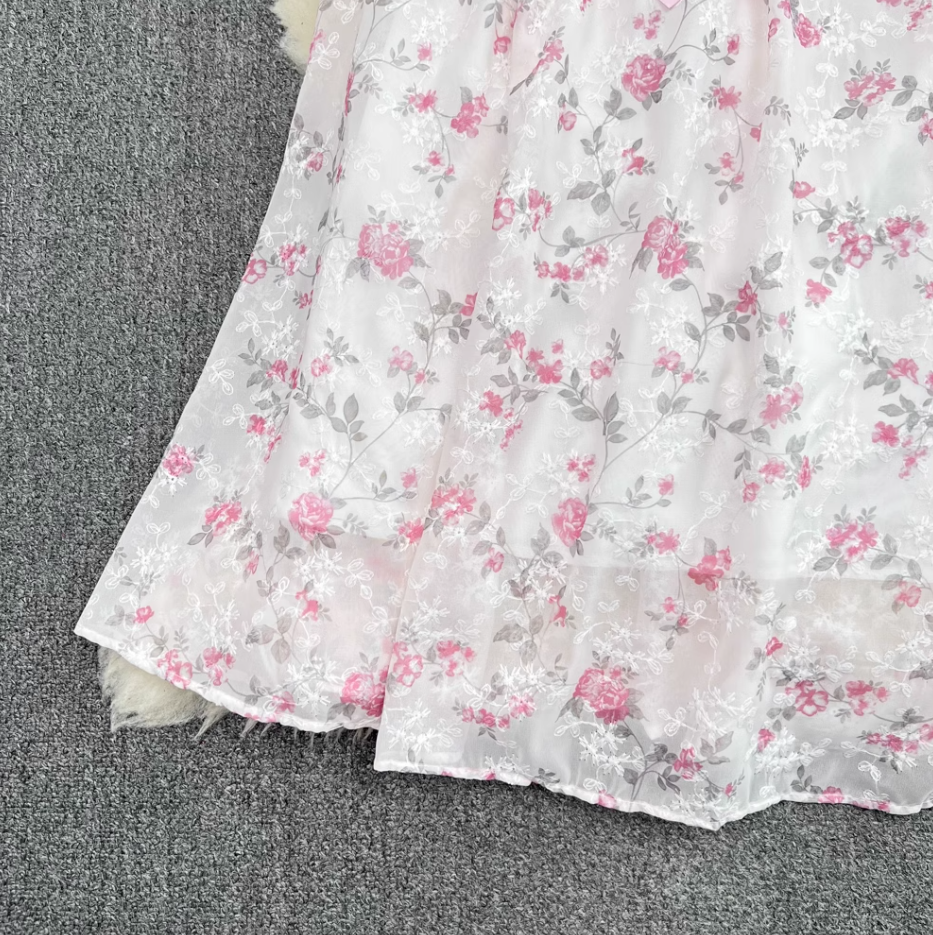 French sweet tea break dress gentle style bubble short sleeve square collar slim a-line chiffon dress R0315