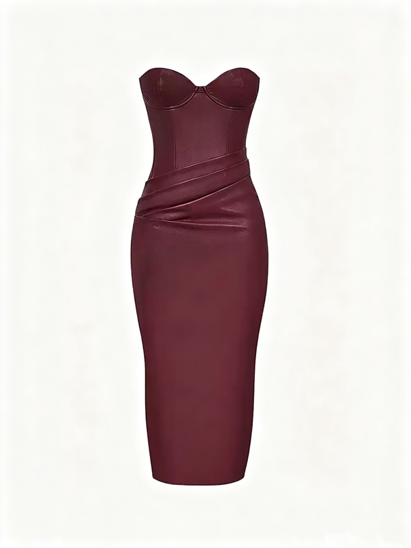 Elegant Pink Satin Strapless Long Dress with Tie Back Detail R9136