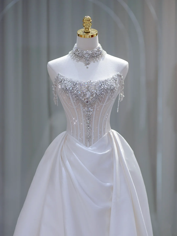 White tube top diamond waist fish bone top satin skirt long dress bridal dress R5850