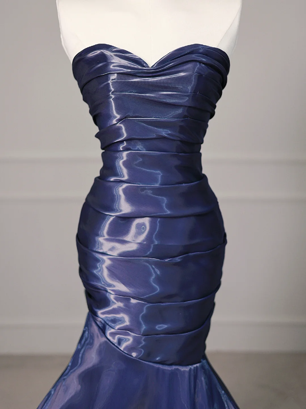 Dark blue satin tube top waist hip fishtail dress, prom dress R5617
