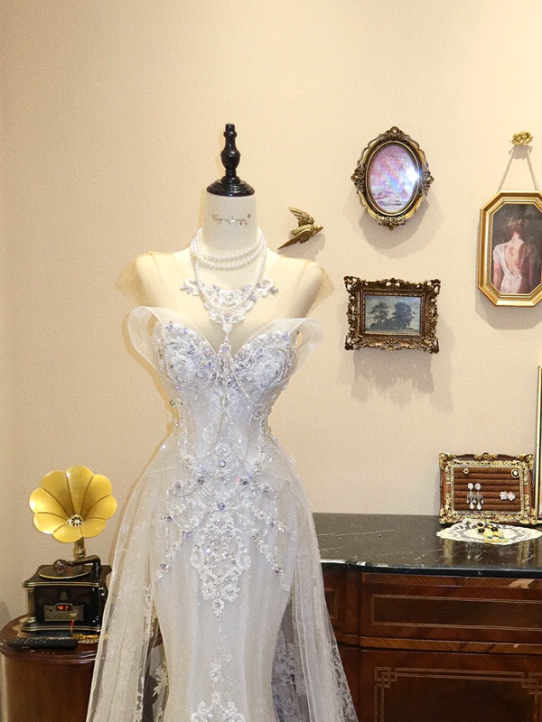 White strapless lace fitted long wedding dress R6568