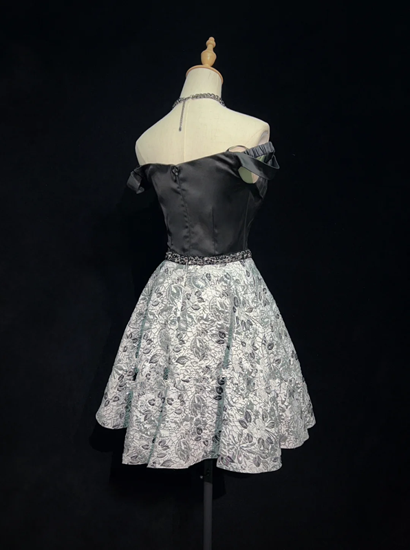 Temperament black tube top waist pattern A-line skirt short skirt homecoming dress R4997