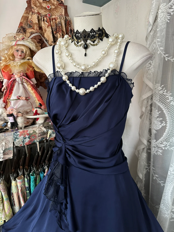 Navy blue halter-neck fitted A-line mini ball gown R6328