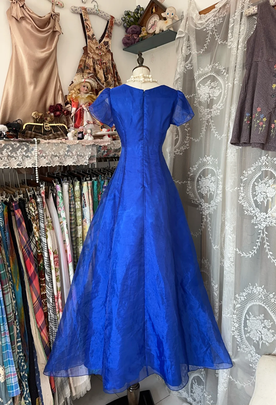Blue short-sleeved, fitted A-line long dress, ball gown R6288