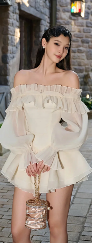 Apricot one-shoulder long-sleeved sexy waist slim fit gentle and cute short skirt homecoming dress R4426