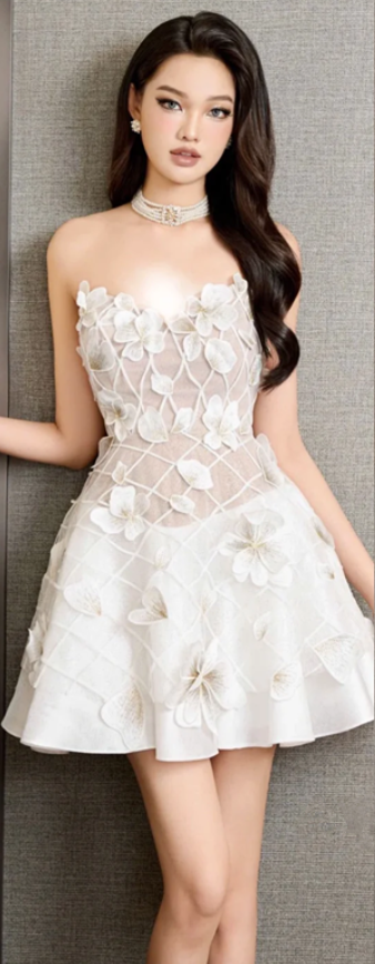 White soft tube top waist three-dimensional flower design vivid A-line short skirt homecoming dress R4709