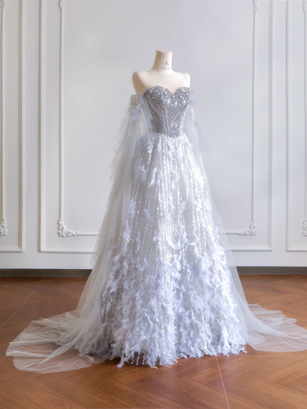 Gray-blue strapless, fitted waist, rhinestone-studded, full skirt long ball gown, bridal dress R8193