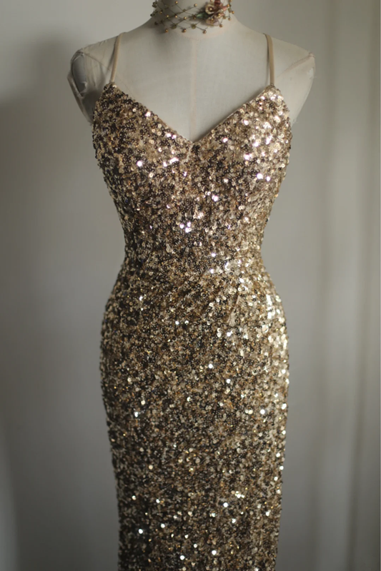 Gold sequined halter-neck fitted long ball gown R6807