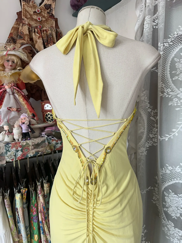 Yellow halter-neck fitted mermaid skirt ball gown R6368