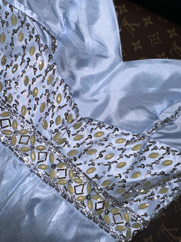 Light blue halter-neck rhinestone high-waisted elegant fairy long ball gown R6927