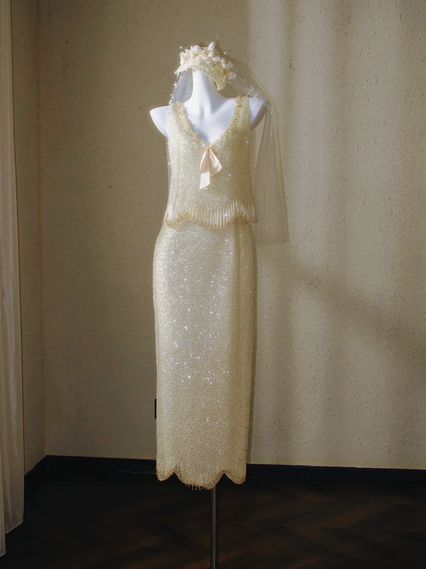 Apricot Sequined Strapless Retro Elegant Bridal Dress R5695