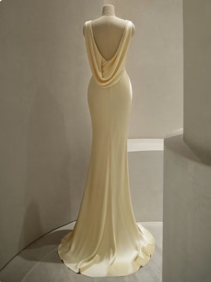 Pastel Yellow Satin Backless Mermaid Long Prom Dress S7065
