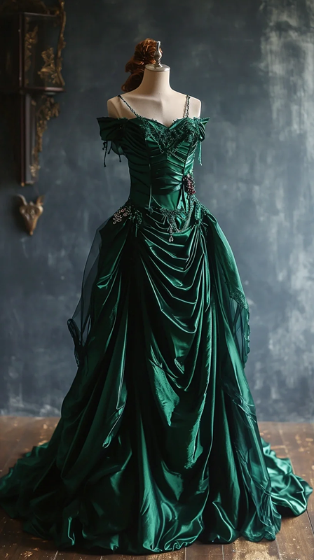 Green off-shoulder fitted long ball gown R7200