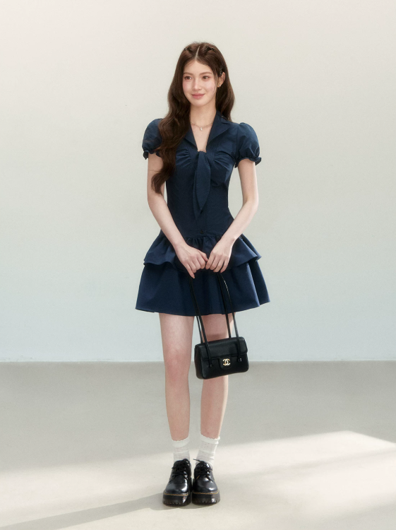 Navy Blue Puff Sleeve Dress with Neck Tie, Button Front and Tiered Skirt R9223
