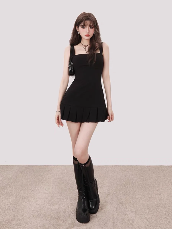 Black suspender waist slim A-line pleated skirt homecoming dress R5258