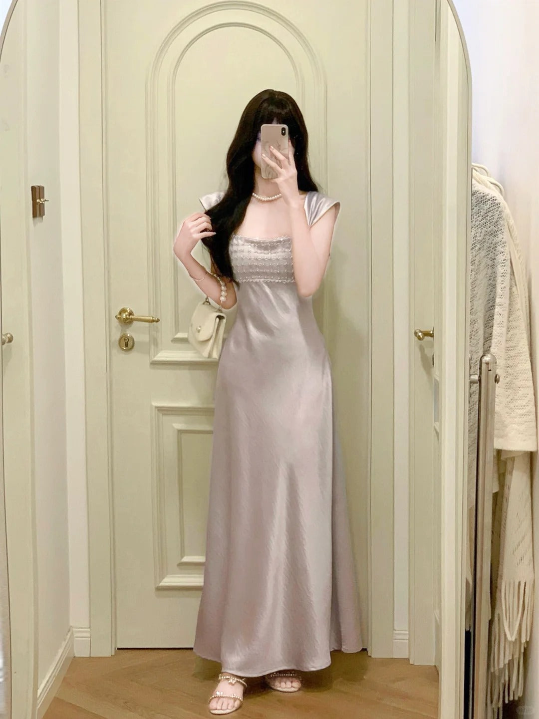 French Elegant Square Neck Satin Slip Dress R9124