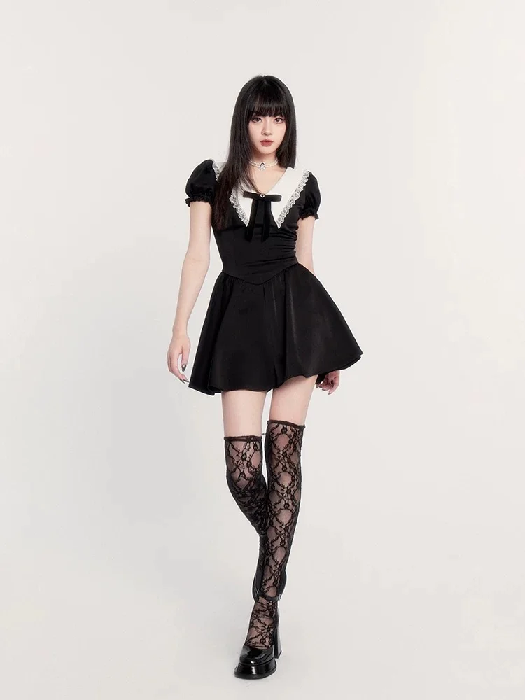 White short-sleeved doll collar waist slim A-line short skirt homecoming dress R5330