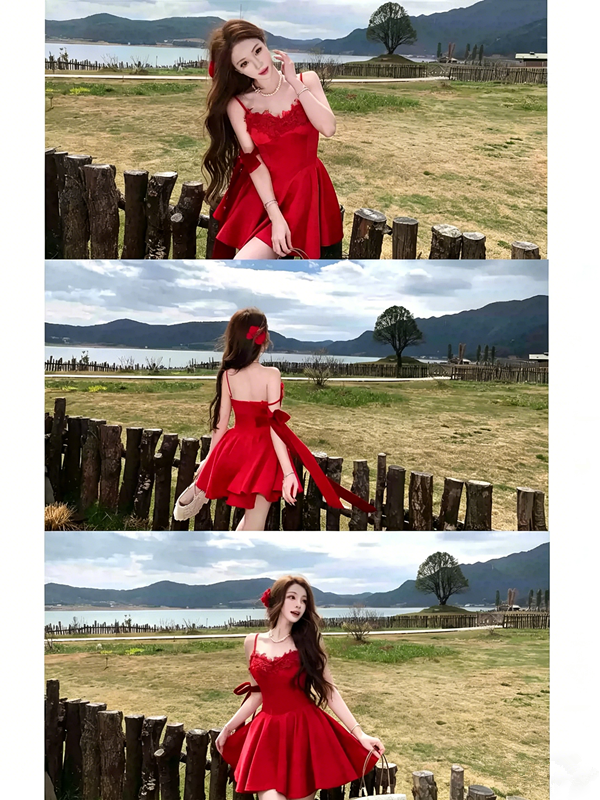 Red Lace Trim Cami Dress with Flowy Bow Strap R9166