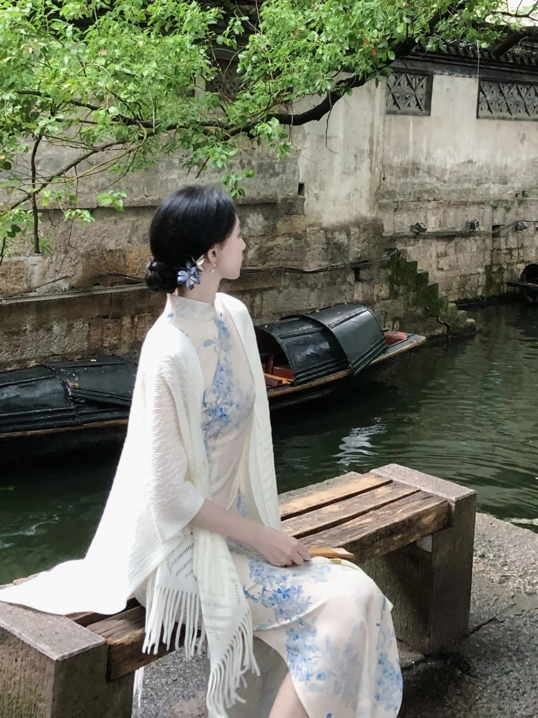 Traditional Chinese Cheongsam with Light Blue Floral Print and Satin-Like Fabric R9130