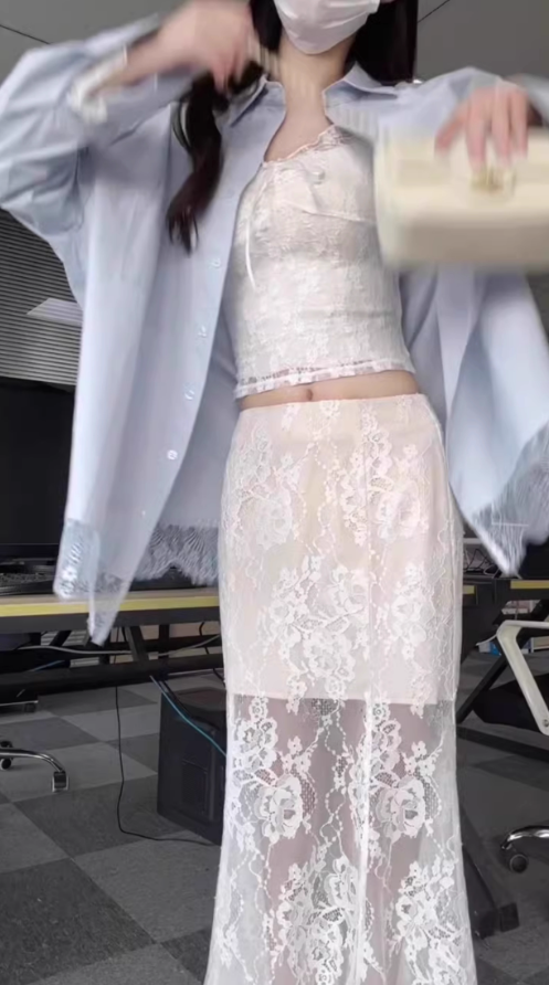 Unique beautiful blue long-sleeved shirt lace skirt two-piece suit 2025 R0860