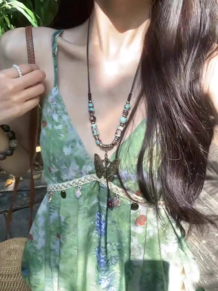 Travel wear women's green gradient suspender dress seaside holiday style summer beautiful small skirt R0434