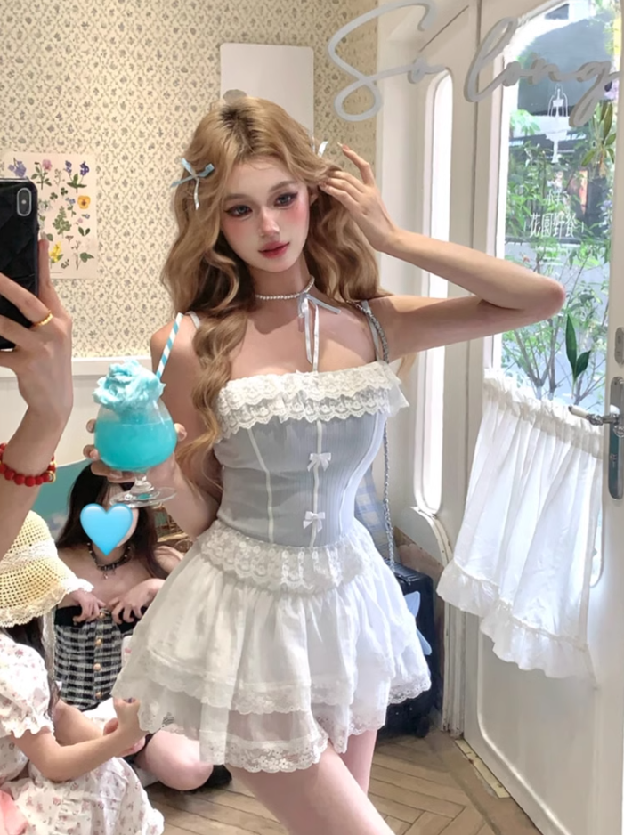 Pure desire design lace short camisole top 2025 sweet and spicy skirt suit R1105