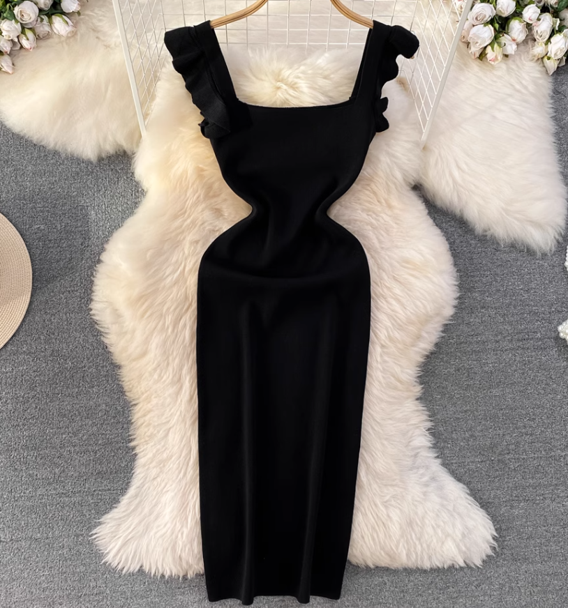 Flying sleeve suspender dress, elegant waist-length knitted hip-wrapped dress R0333