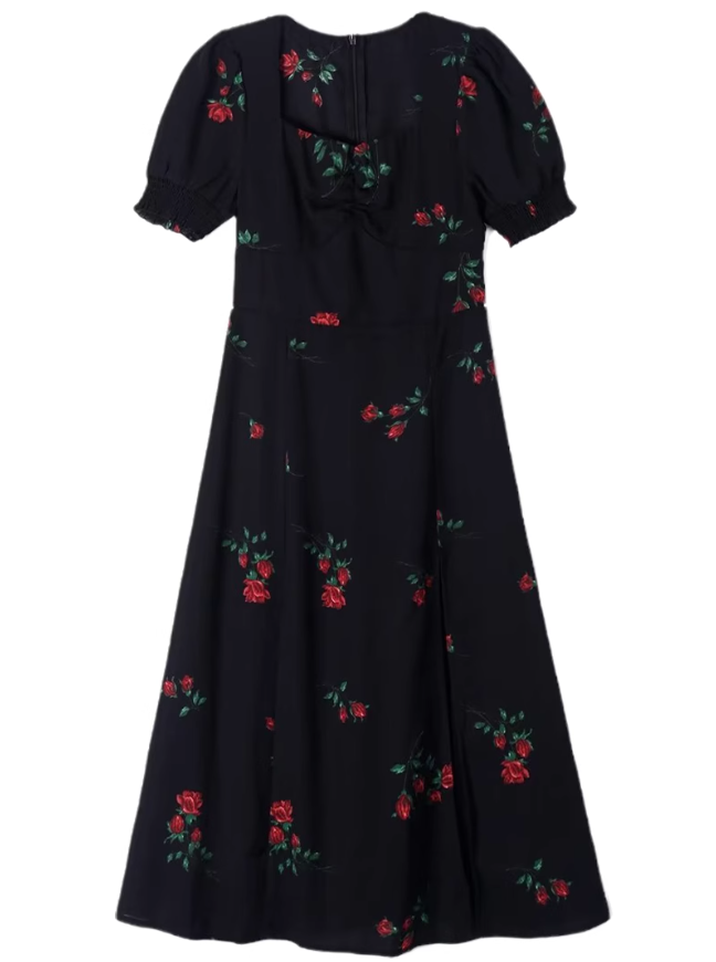 2025 Summer New French Retro Square Neck Black Floral Puff Sleeve Dress R0908