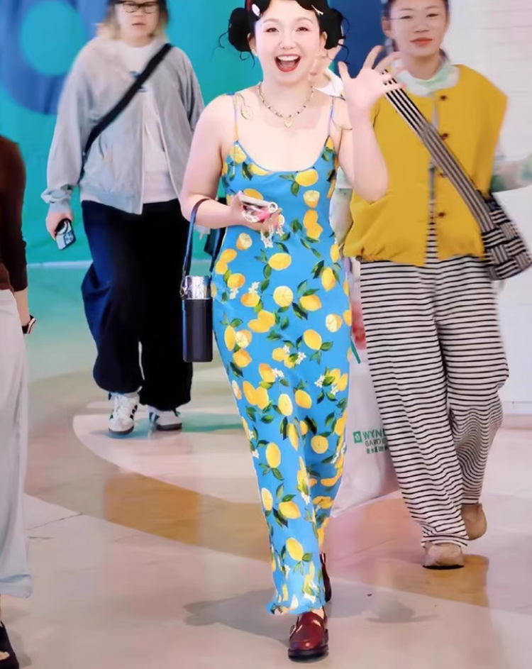 Dress lemon print holiday French backless knee-length suspender dress R2903