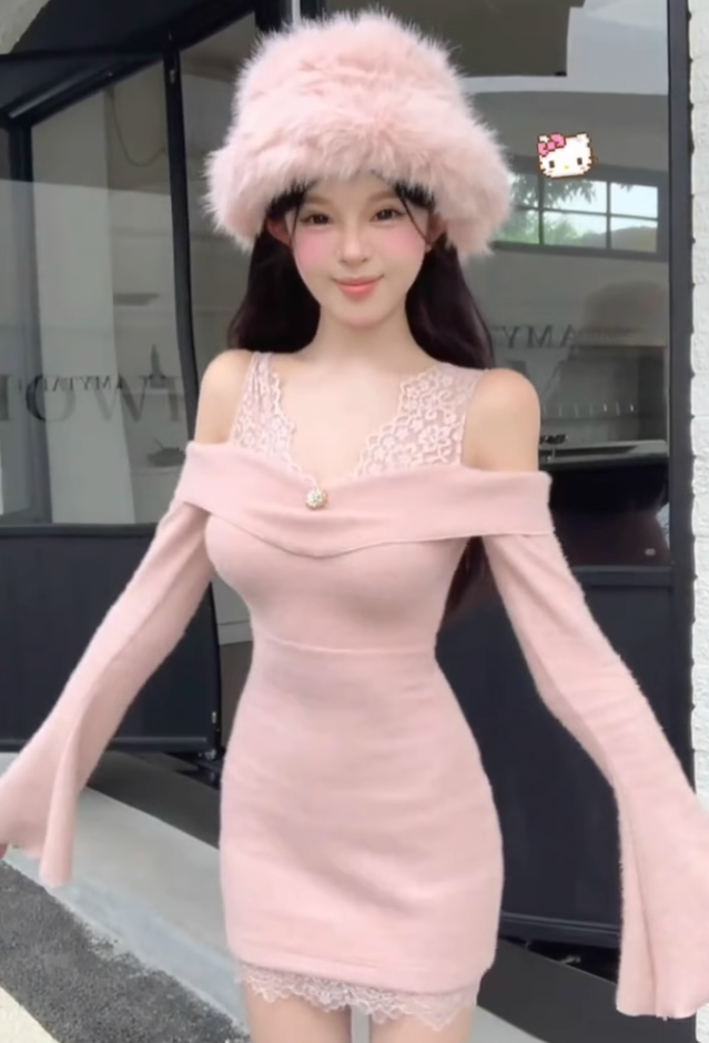 Pure desire style lace one-shoulder suspender skirt 2025 hot girl waist hip skirt R1211