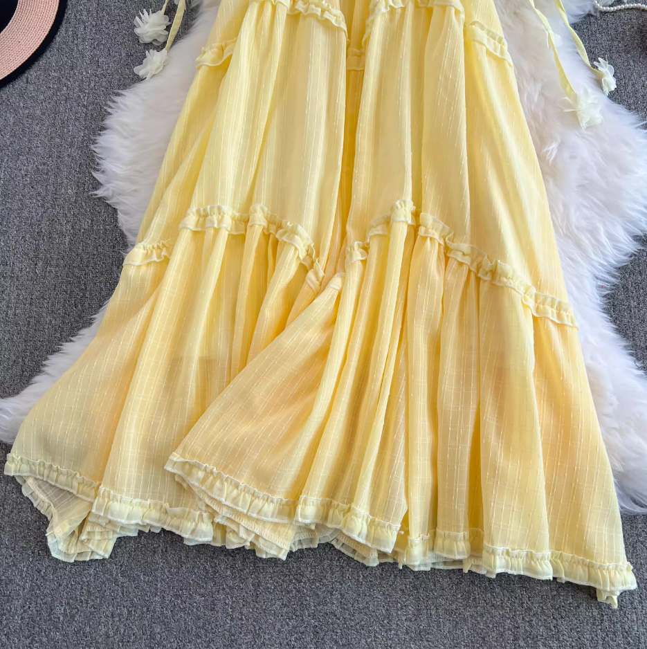 Gentle forest style fairy yellow suspender dress for women new style temperament loose slim long skirt R0332