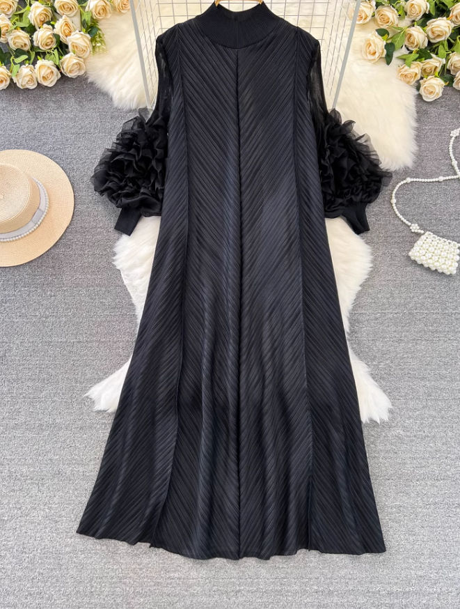 High-class lady temperament pleated lantern long sleeve loose A-line solid color elegant dress R0319